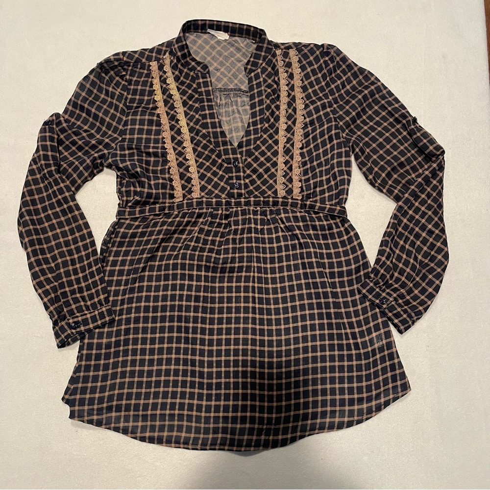 Blue Bird Black and Tan Plaid Long Sleeve Blouse, medium